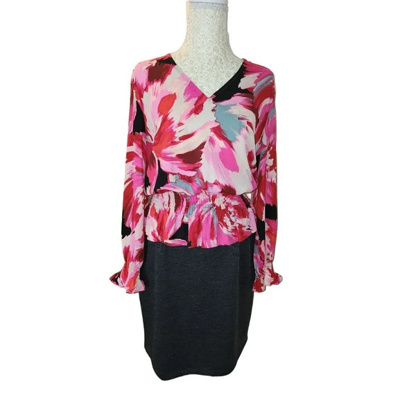 Halogen Size Medium Floral Long Sleeve Retro Polyester Blouse with Elastic Waist - Picture 6 of 8